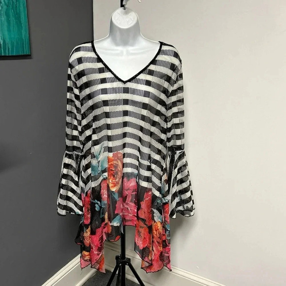 Dor Dor Couture Tops - Women’s 1X V Neck Tunic Top Mesh Bell Sleeves Boho Whimsigoth Coquette Cottage